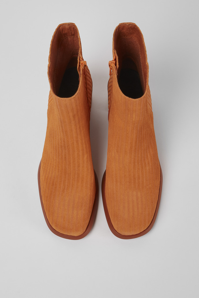 Overhead view of Meda Orange nubuck boots for wome