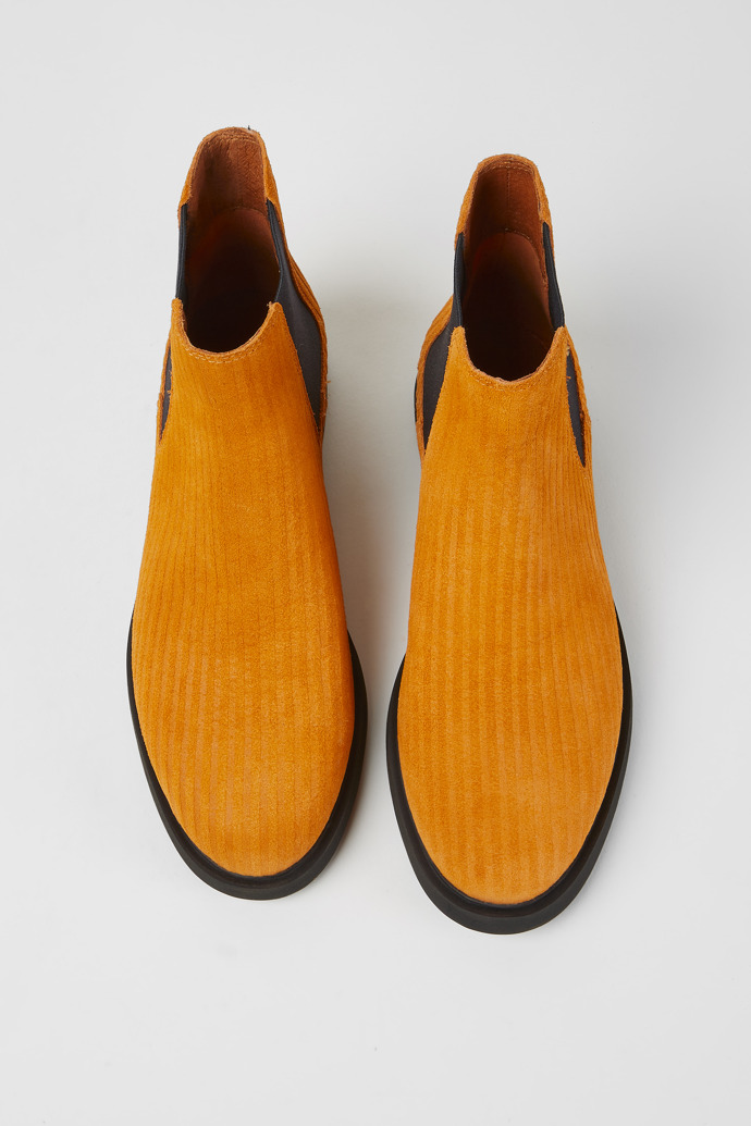 Overhead view of Iman Orange nubuck ankle boots