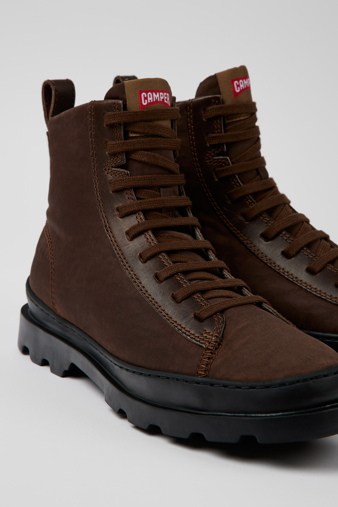Close-up view of Brutus Brown textile and leather ankle boots for women