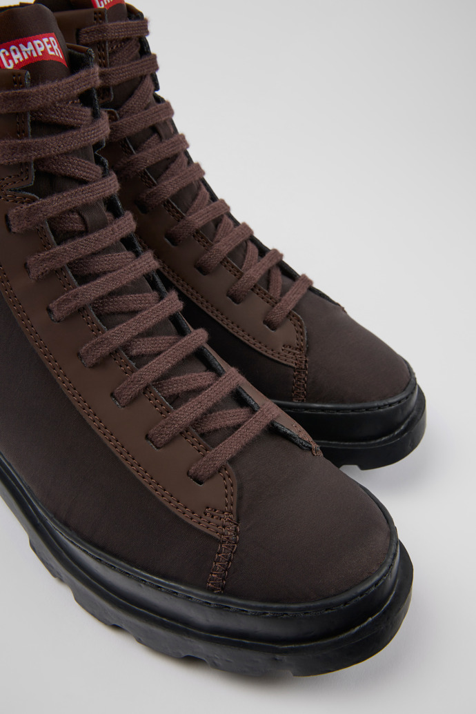 Close-up view of Brutus PrimaLoft® Brown lace-up boots for women