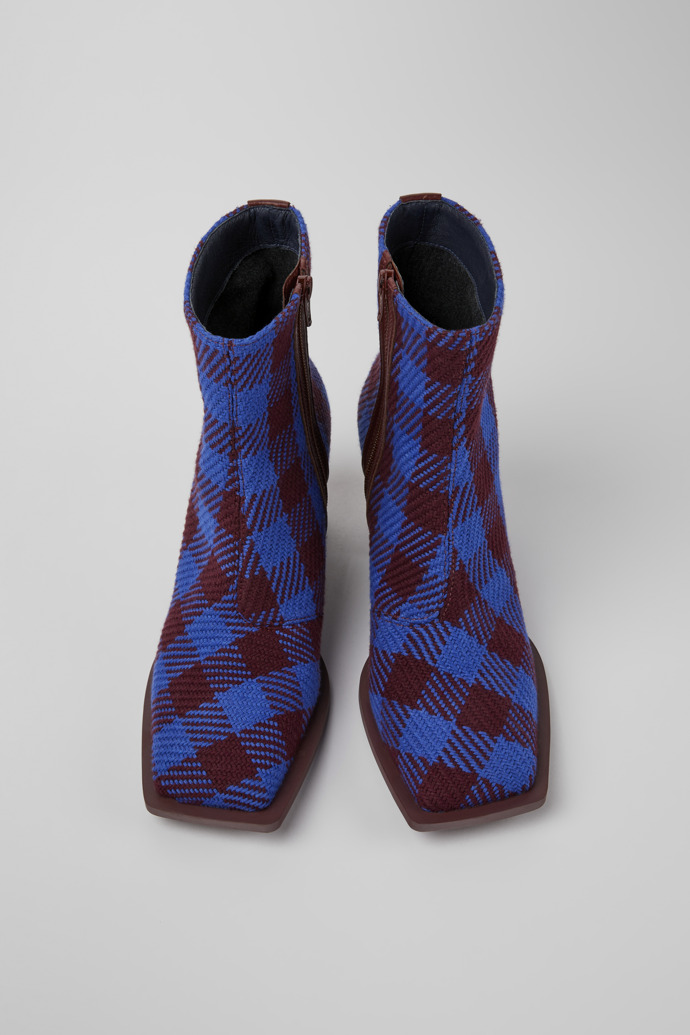 Overhead view of Karole Blue and burgundy cotton boots for women