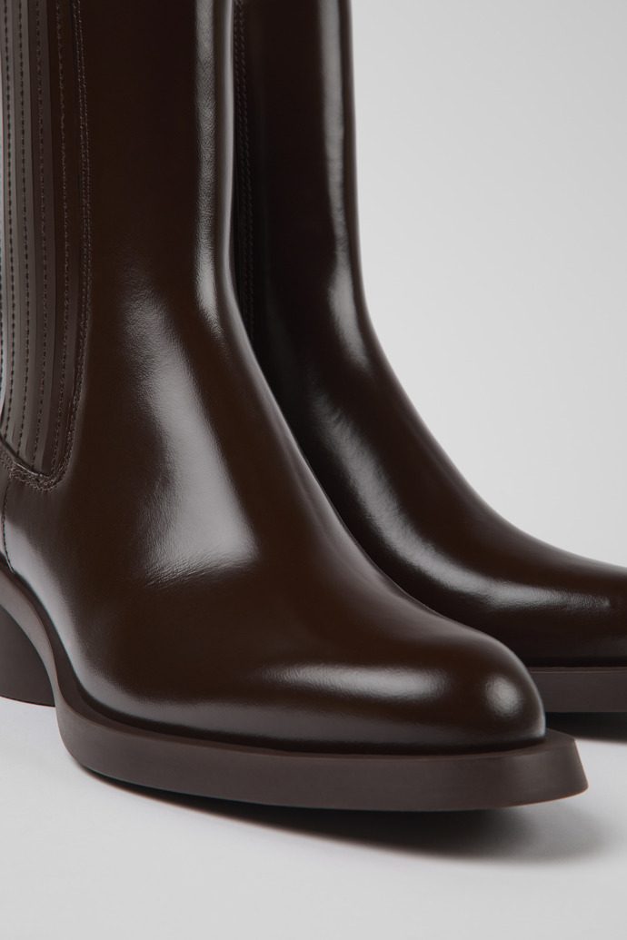 Close-up view of Bonnie Dark brown leather boots for women