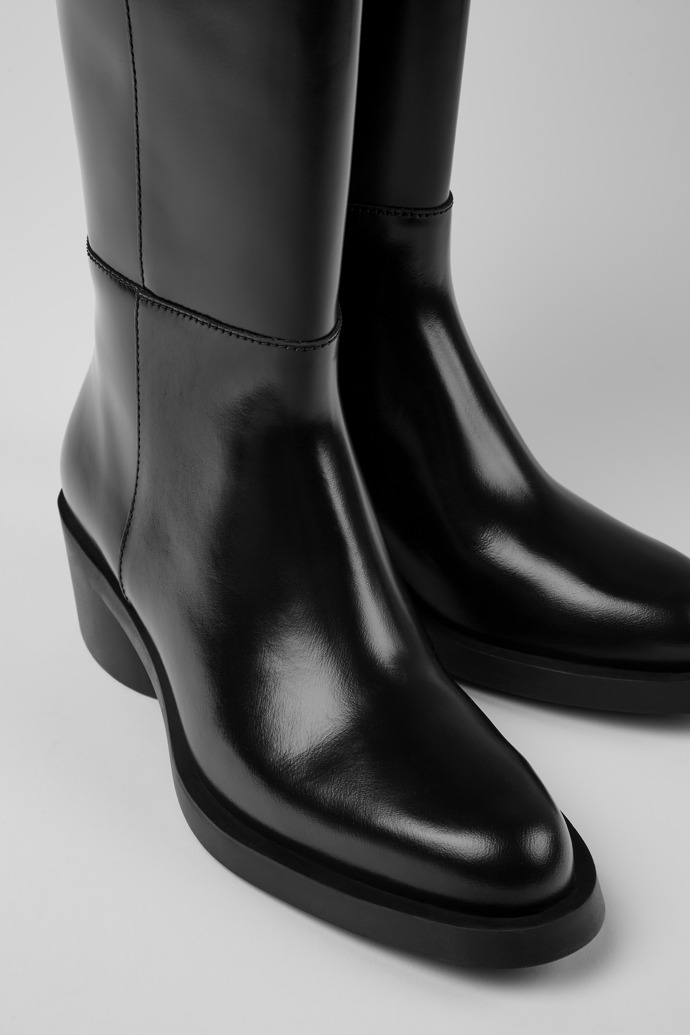 Close-up view of Bonnie Black leather high boots for women