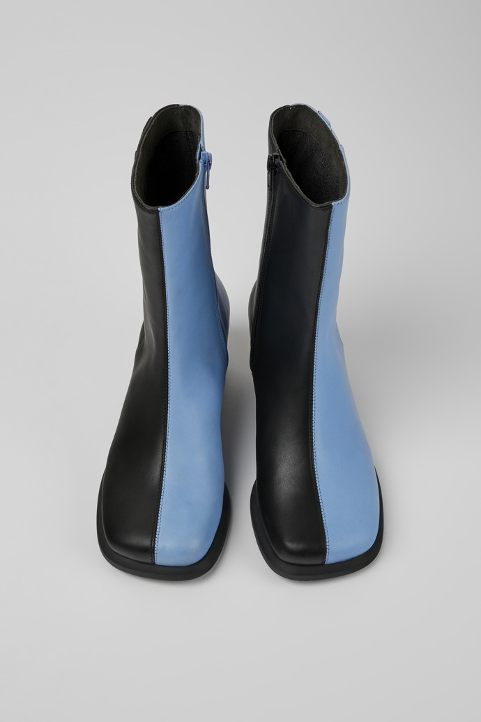 Overhead view of Twins Blue and black leather ankle boots for women