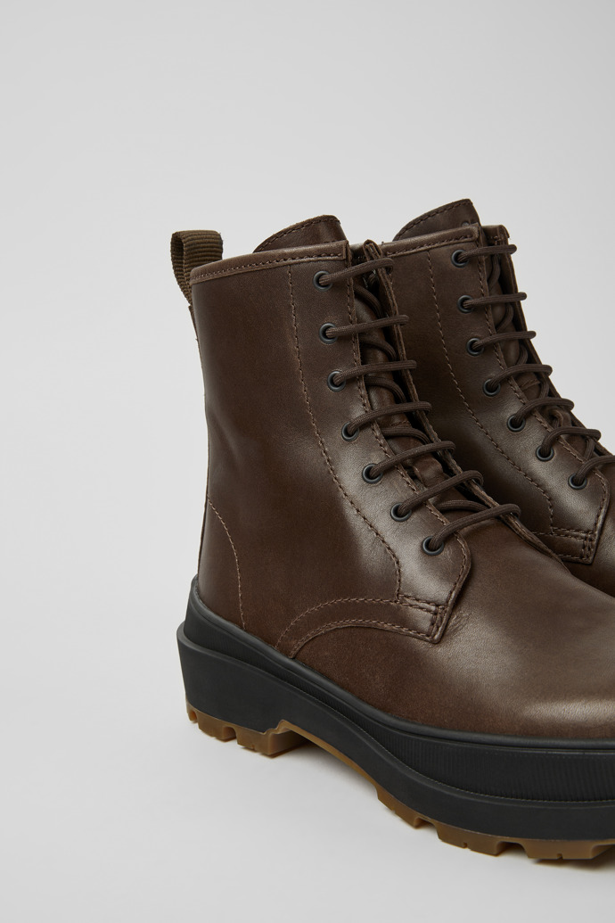 Close-up view of Brutus Trek Brown leather lace-up ankle boots for women