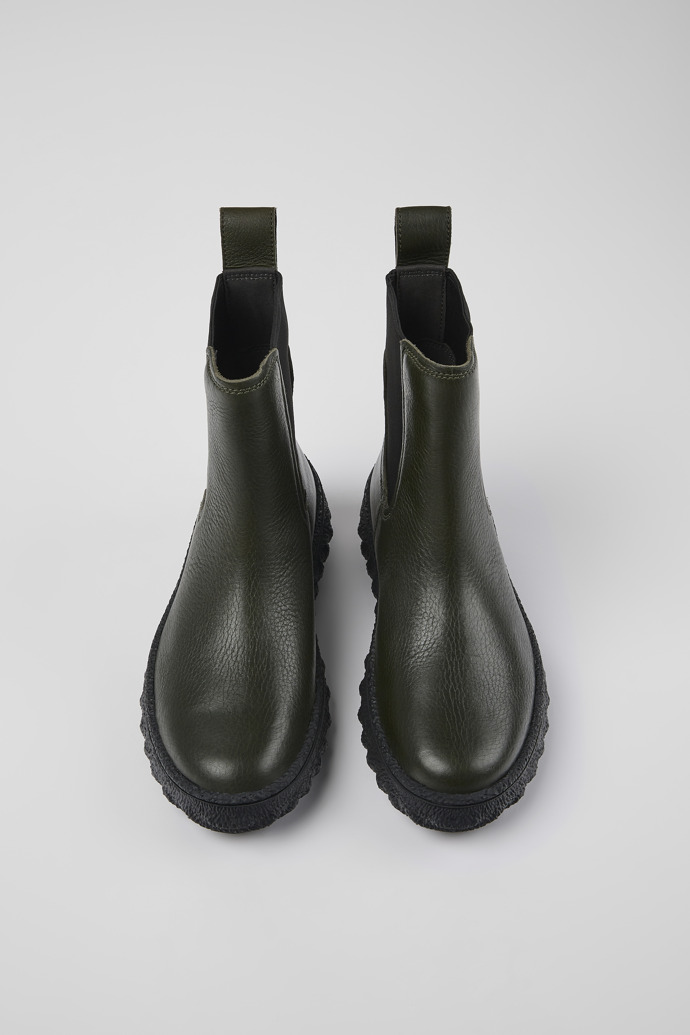 Overhead view of Ground Green leather ankle boots for women