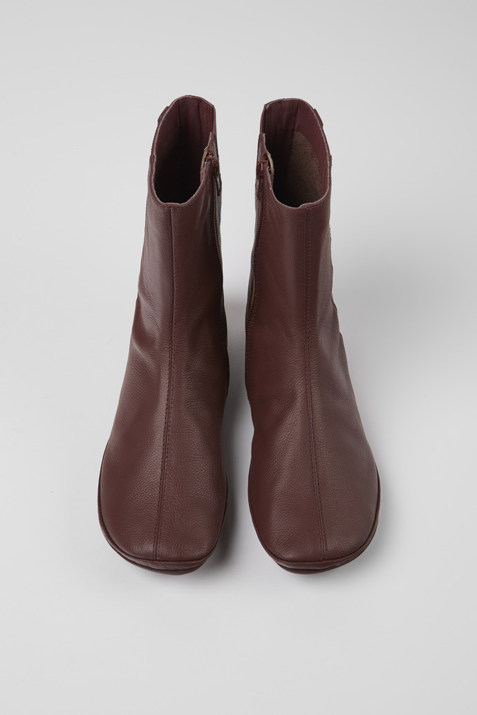 Overhead view of Right Burgundy leather boots for women