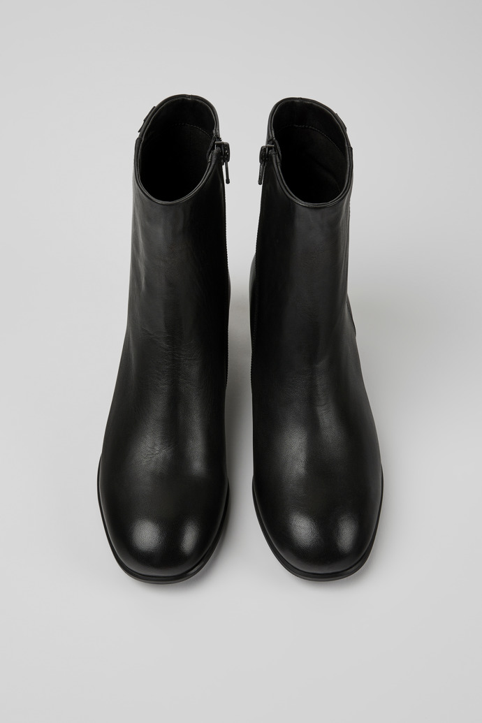 Overhead view of Katie Black leather ankle boots