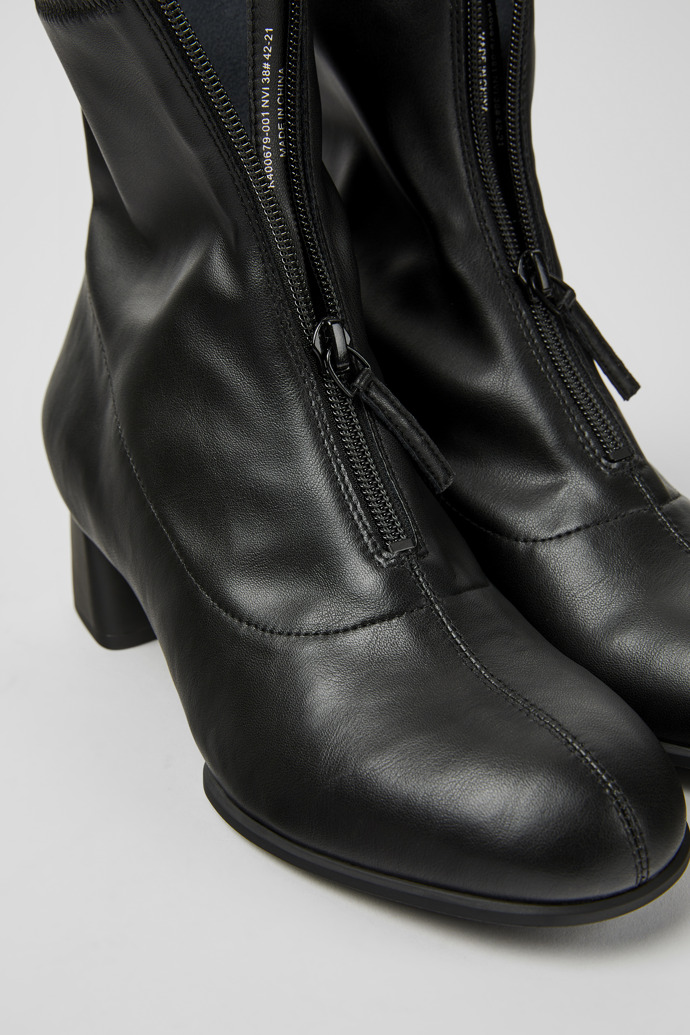 Close-up view of Katie Black textile ankle boots