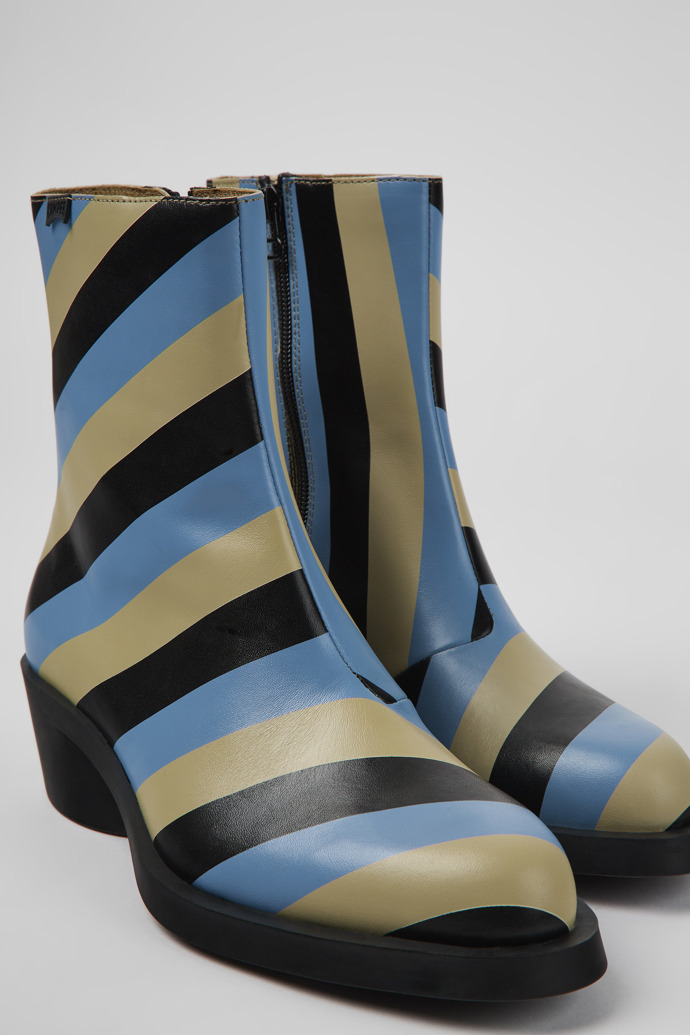 Close-up view of Bonnie Multicolored striped leather boots for women