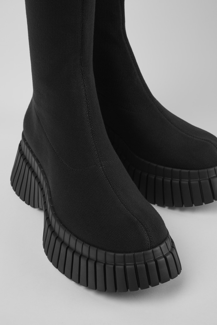 Close-up view of BCN Black textile boots for women