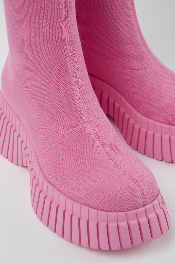 Close-up view of BCN Pink textile boots for women