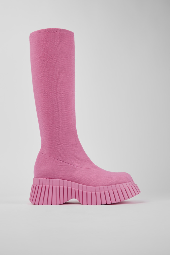 Side view of BCN Pink textile boots for women