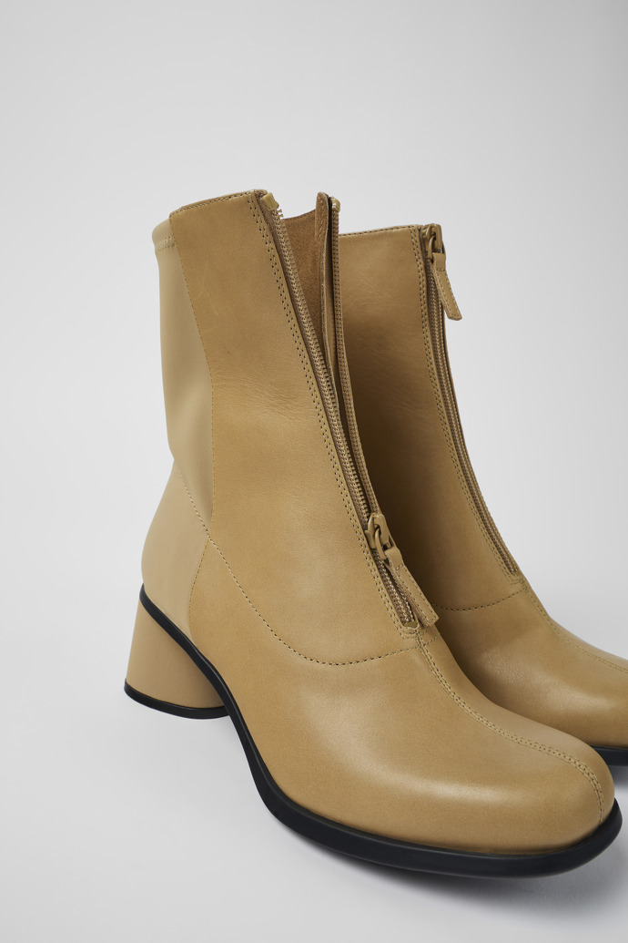 Close-up view of Kiara Beige leather and recycled PET boots for women