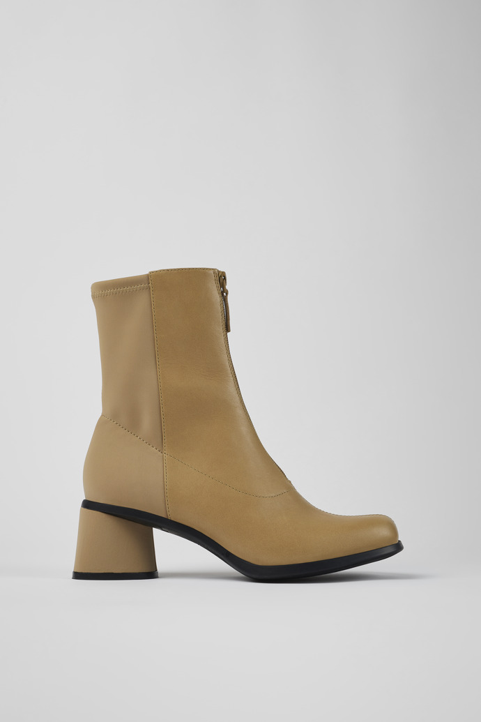 Image of Side view of Kiara Beige leather and recycled PET boots for women