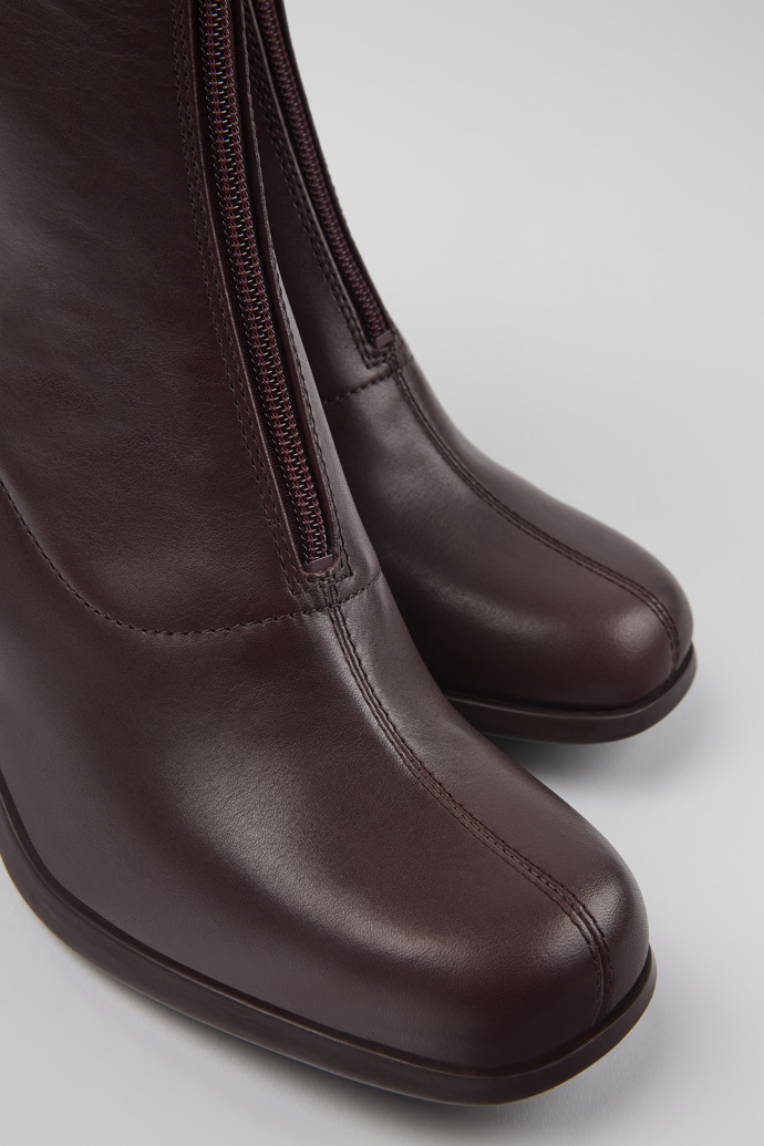 Close-up view of Kiara Burgundy leather and recycled PET boots for women