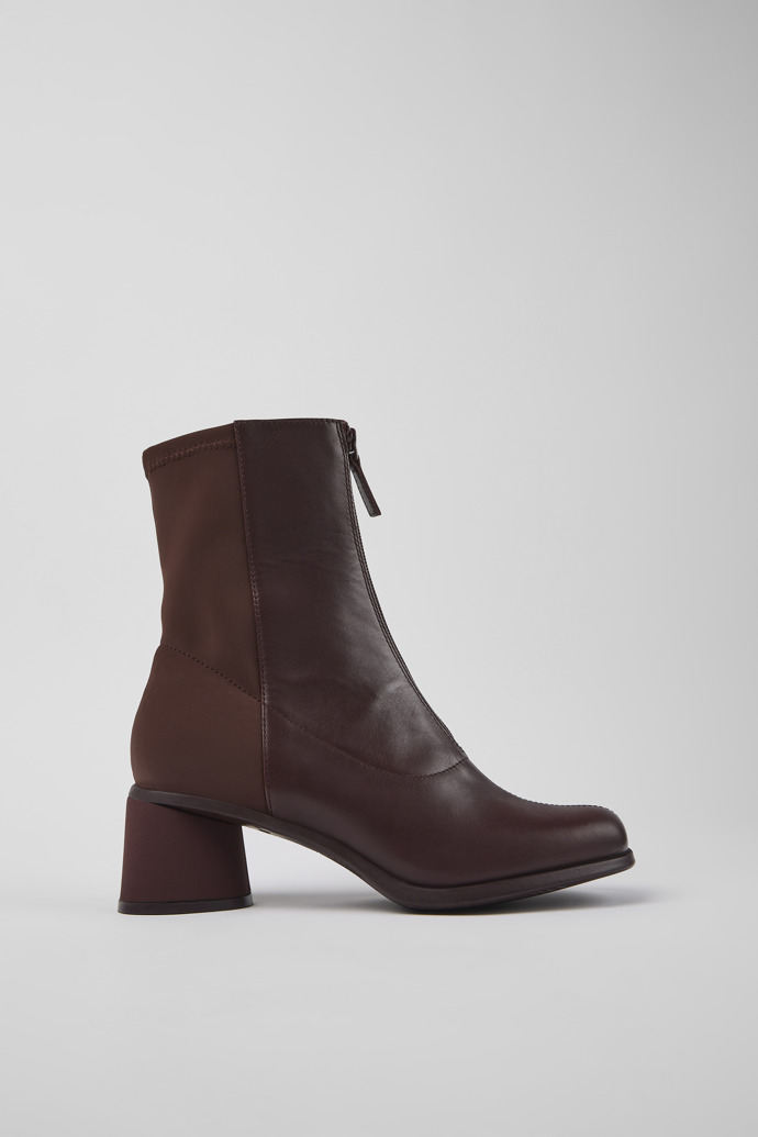 Side view of Kiara Burgundy leather and recycled PET boots for women