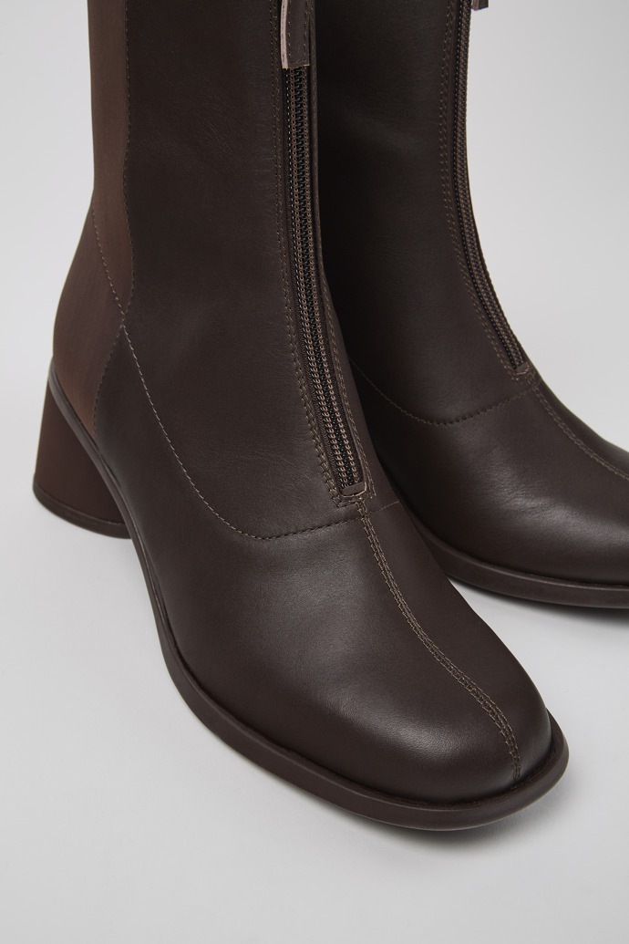 Close-up view of Kiara Brown leather and recycled PET boots for women