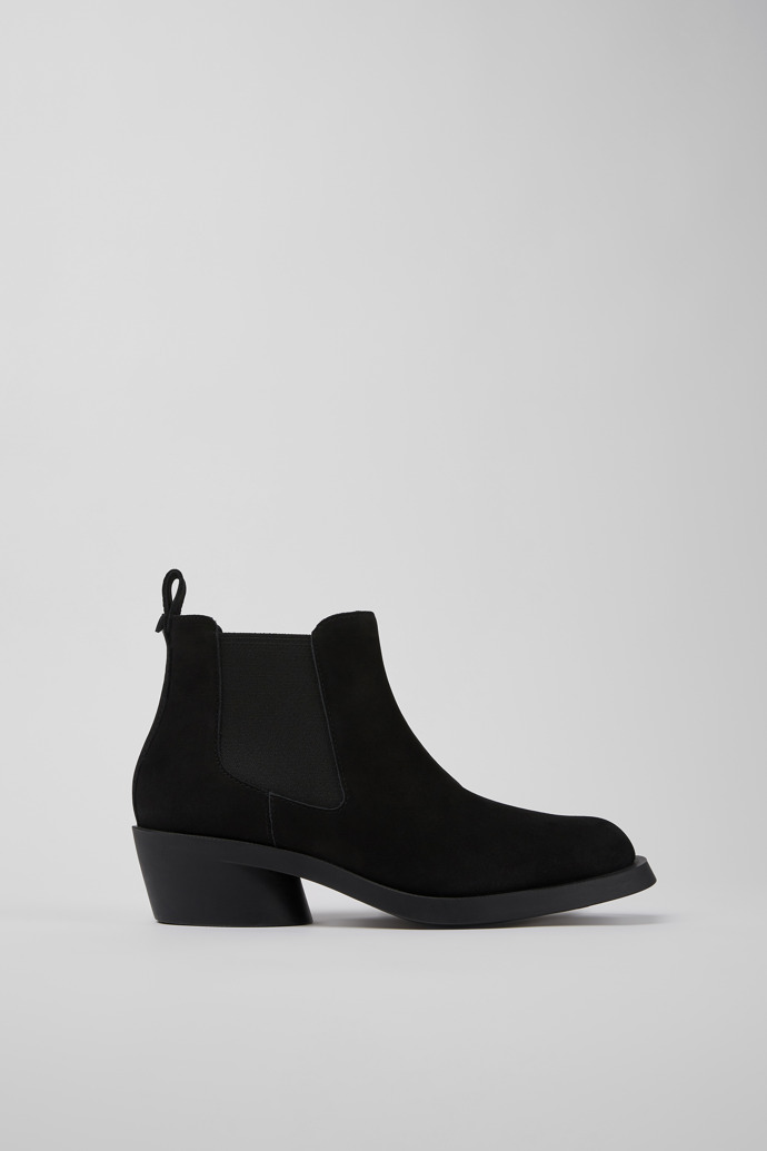 Side view of Bonnie Black nubuck ankle boots for women