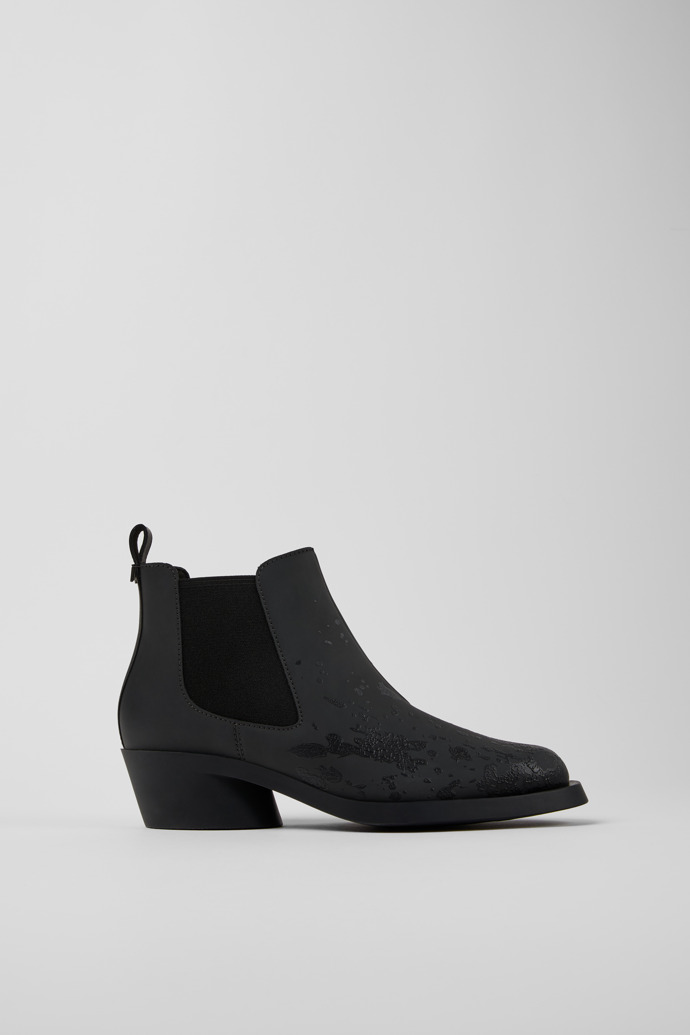 Side view of Bonnie Gray and black leather ankle boots for women