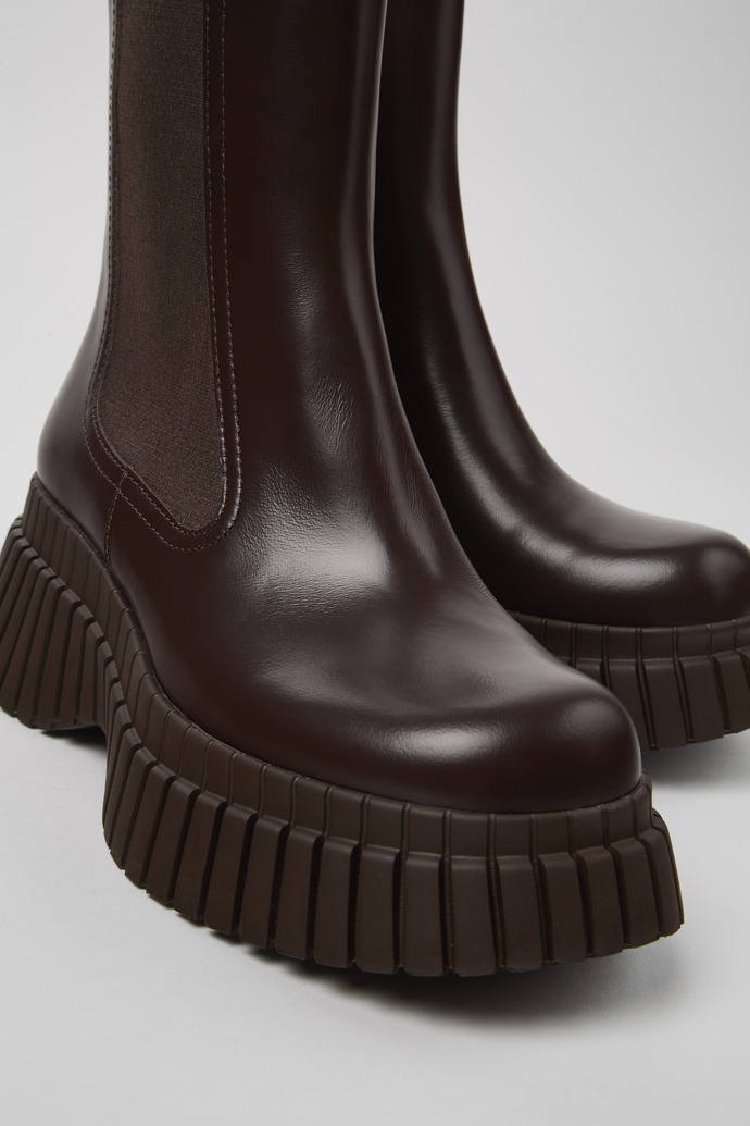 Close-up view of BCN Brown leather chelsea boots for women