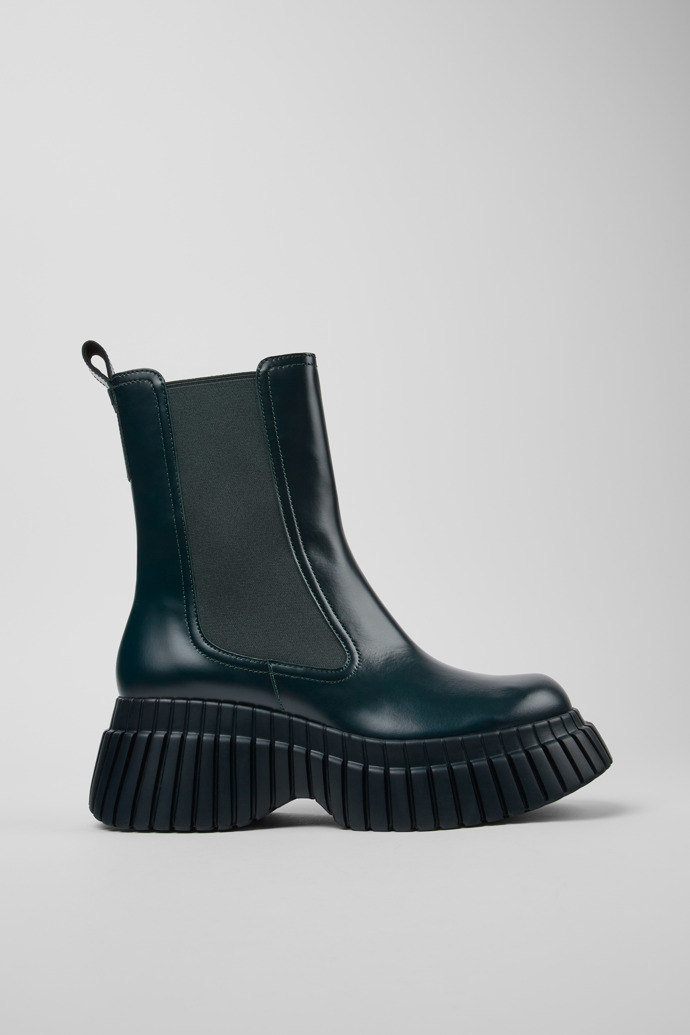 Image of Side view of BCN Green leather chelsea boots for women