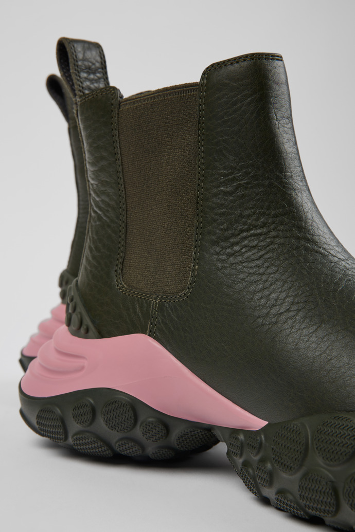Close-up view of Pelotas Mars Green responsibly raised leather ankle boots
