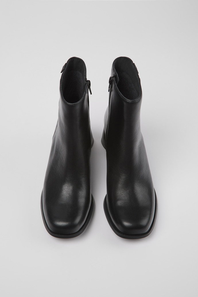 Overhead view of Kiara Black leather and recycled PET boots for women