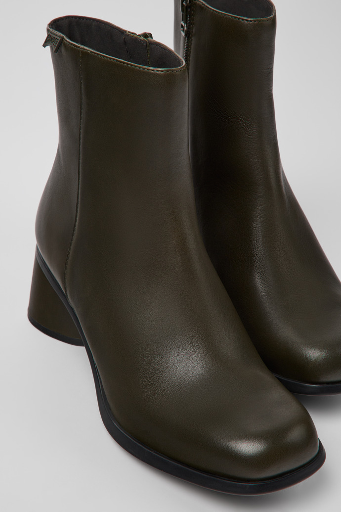 Close-up view of Kiara Green leather and recycled PET boots for women