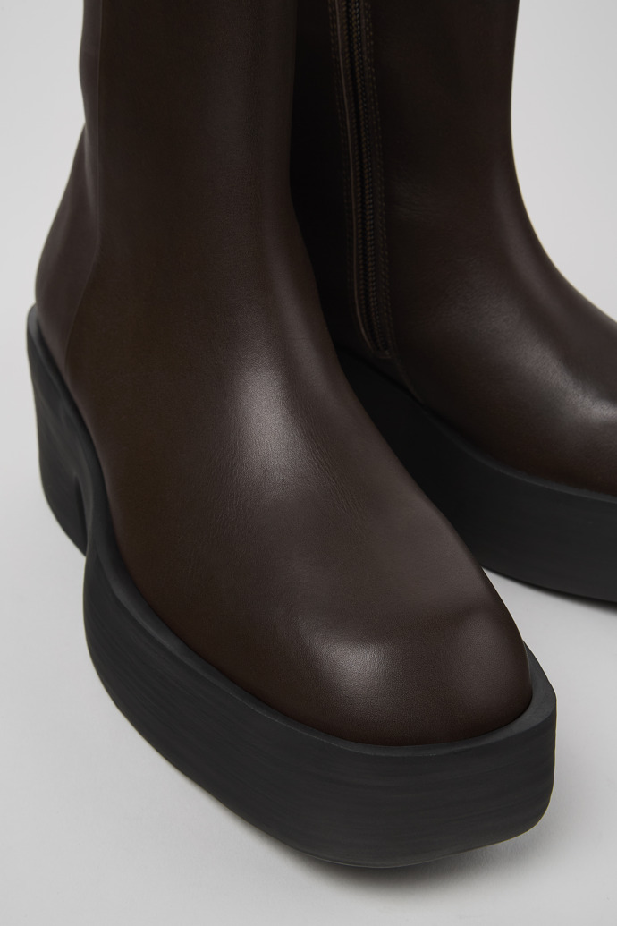 Close-up view of Billie Brown leather boots for women