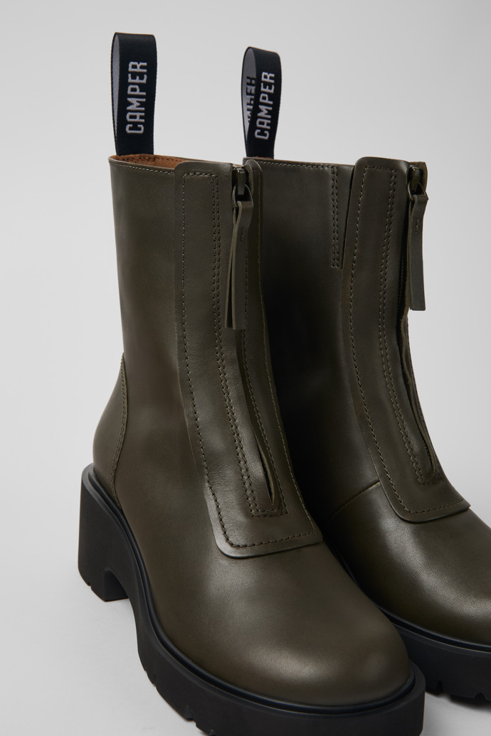 Close-up view of Milah Green leather zip boots for women