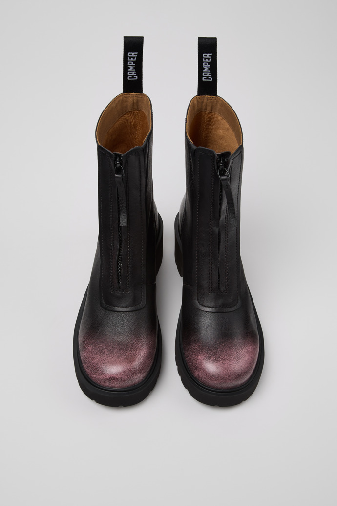 Overhead view of Milah Black and Pink Leather Mid Boots for Women.
