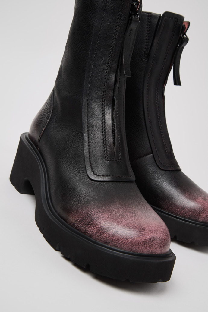 Close-up view of Milah Black and Pink Leather Mid Boots for Women.