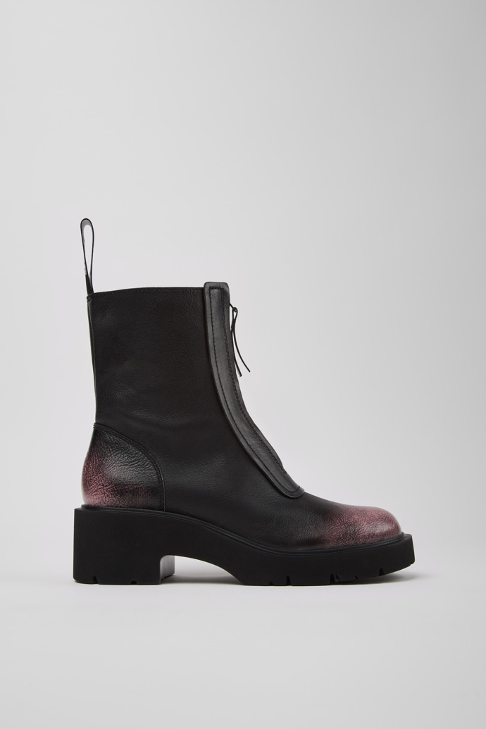 Side view of Milah Black and Pink Leather Mid Boots for Women.