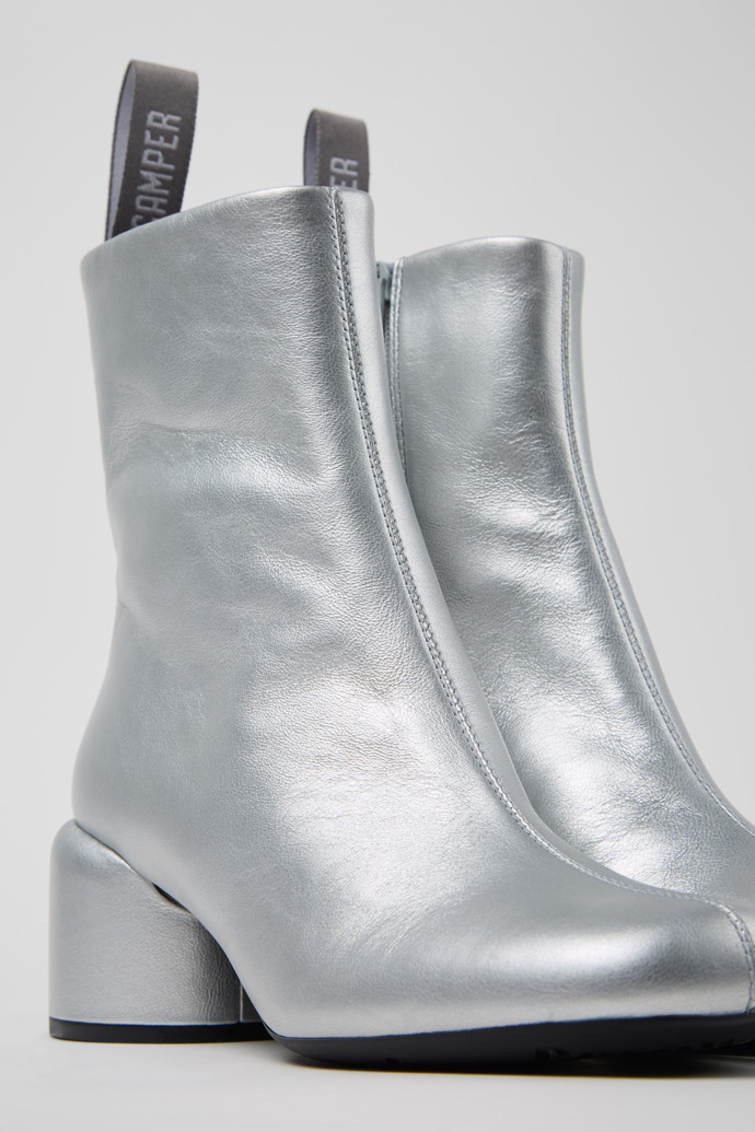 Close-up view of Niki Silver Leather Ankle Boots for Women.