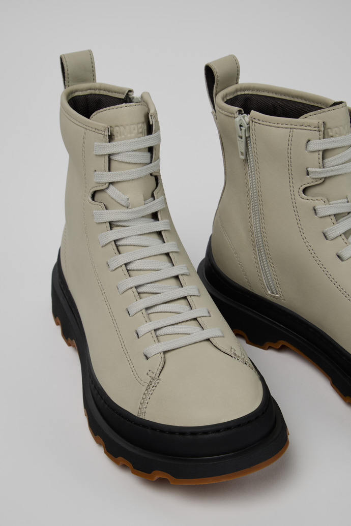 Close-up view of Brutus+ Gray Leather Mid Boots for Women.