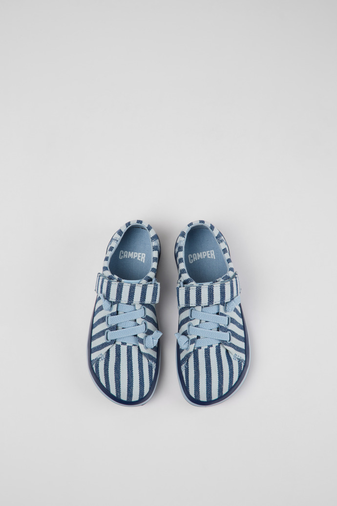 Overhead view of Peu Rambla Blue striped recycled cotton shoes for kids