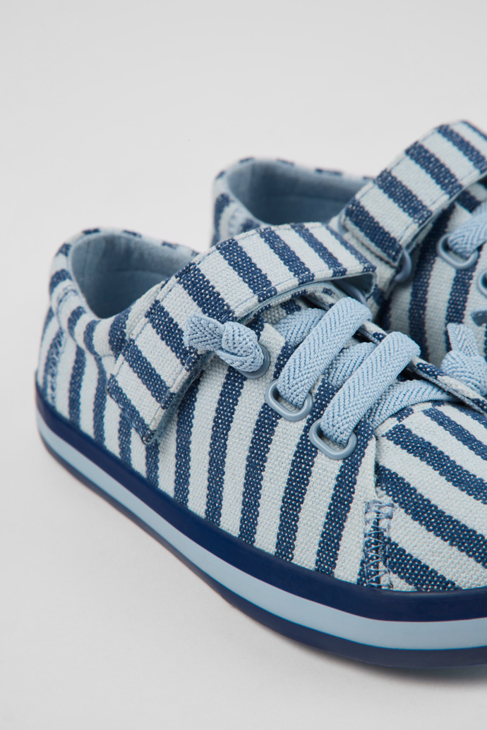 Close-up view of Peu Rambla Blue striped recycled cotton shoes for kids