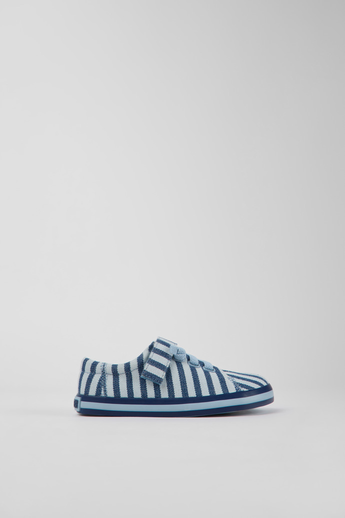 Side view of Peu Rambla Blue striped recycled cotton shoes for kids