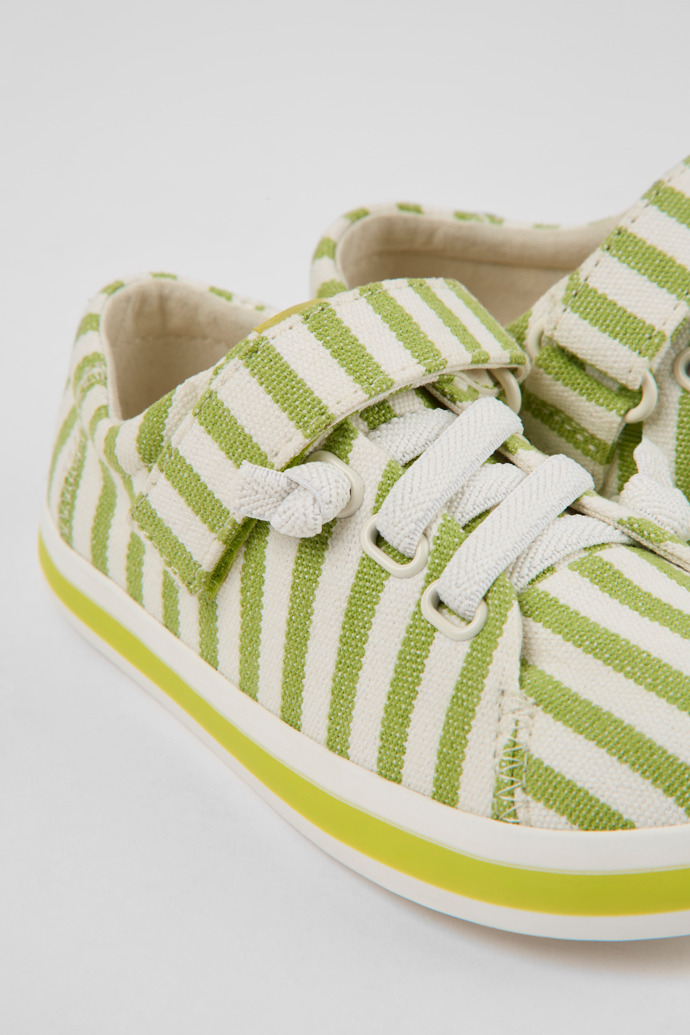 Close-up view of Peu Rambla Green and white striped recycled cotton shoes for kids