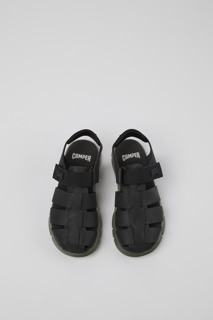 Overhead view of Oruga # Black Leather and Textile Kids' Sandal.