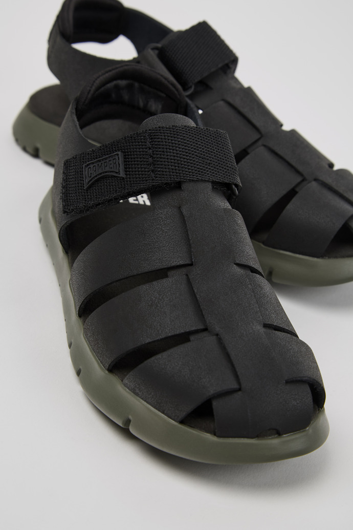 Close-up view of Oruga # Black Leather and Textile Kids' Sandal.