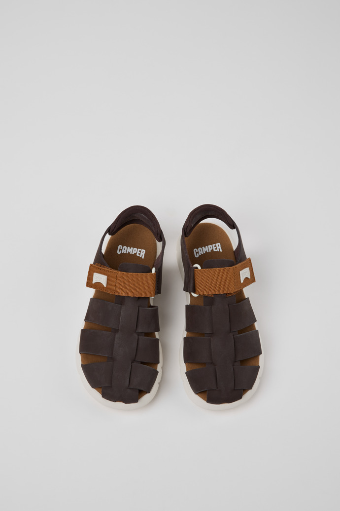 Overhead view of Oruga Brown Leather and Textile Closed Sandals for kids.