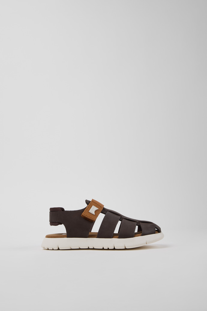 Side view of Oruga Brown Leather and Textile Closed Sandals for kids.