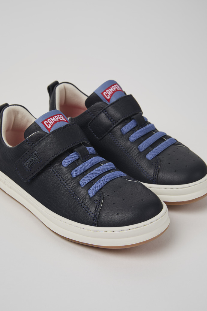 Close-up view of Runner Blue Leather Kids' Sneakers.