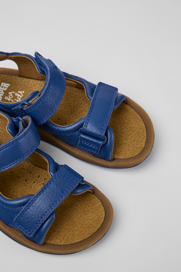 Close-up view of Bicho Blue leather sandals for kids