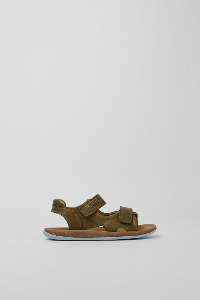 Side view of Bicho Green leather sandals for kids