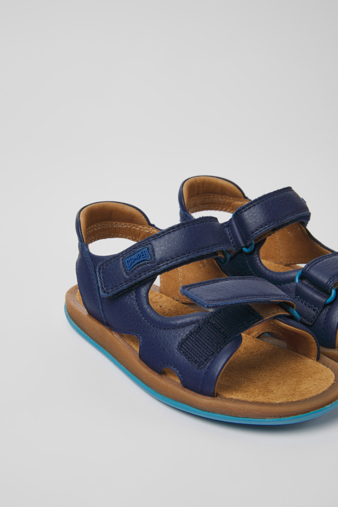 Close-up view of Bicho Blue leather sandals for kids