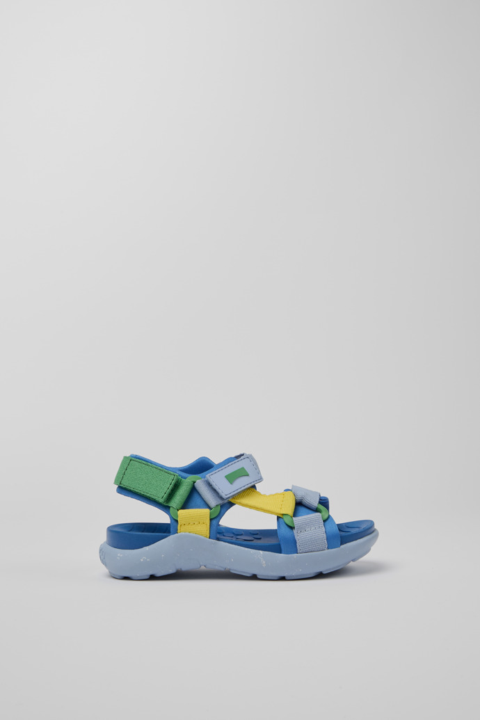 Side view of Wous Blue, yellow, and green sandals for kids