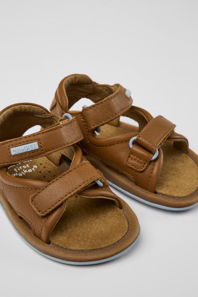 Close-up view of Bicho Brown leather sandals for kids